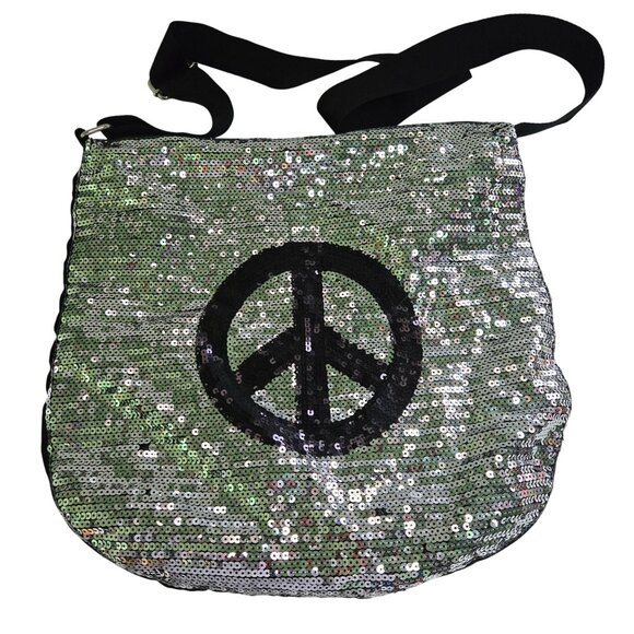 Fashion Express Silver Sequined Peace Sign Bohemian Crossbody Tote Bag 14"x14" - Picture 2 of 7